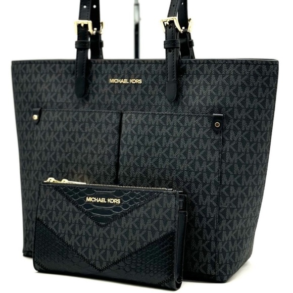 Michael Kors Jet Set Medium Pocket Tote Bag & Double Zip Wallet Black Multi - Picture 1 of 13